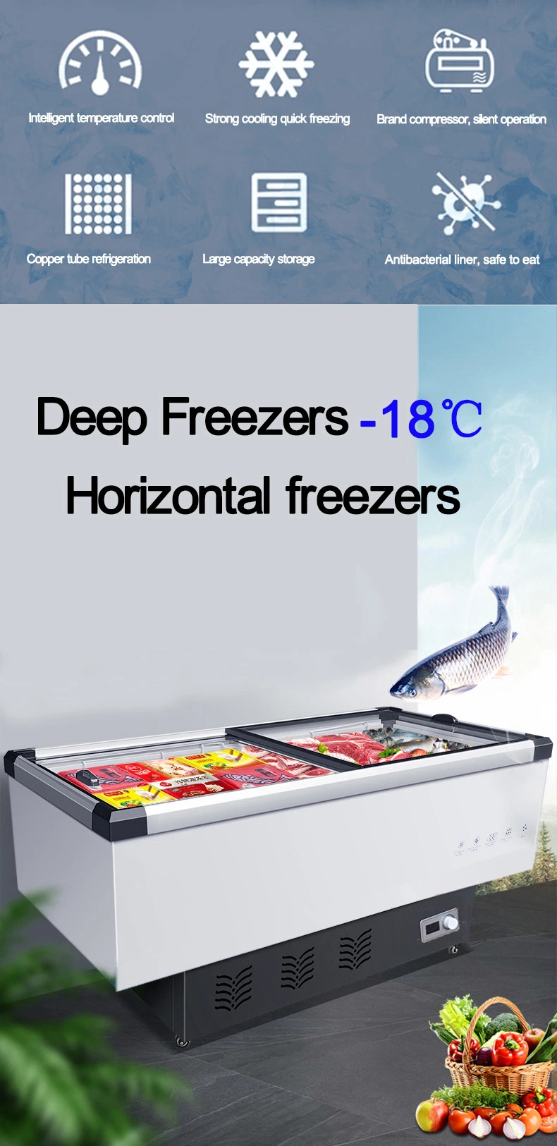 Island Refrigerator Food Fresh Meat Mini Fridge Home Appliances Deep Freezer for Supermarket